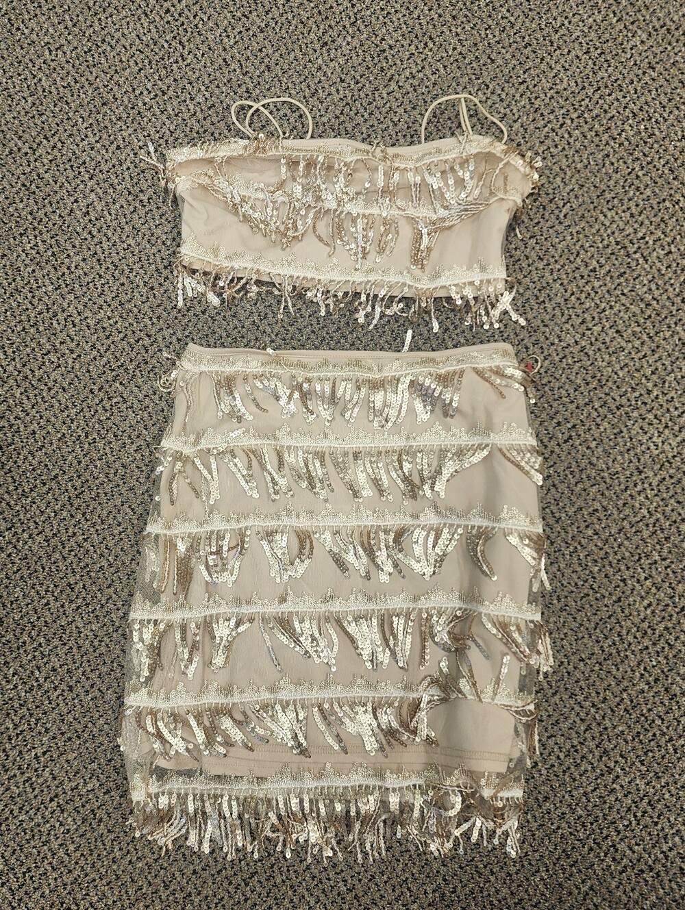 Forever 21 Beige Sequin Fringe Bandeau Set